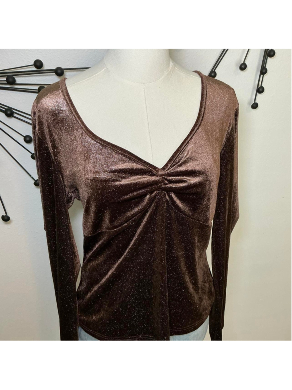 Y2K Brown Shimmer Velvet Top XL Long Sleeve Ruched Front Party Top - Picture 2 of 4